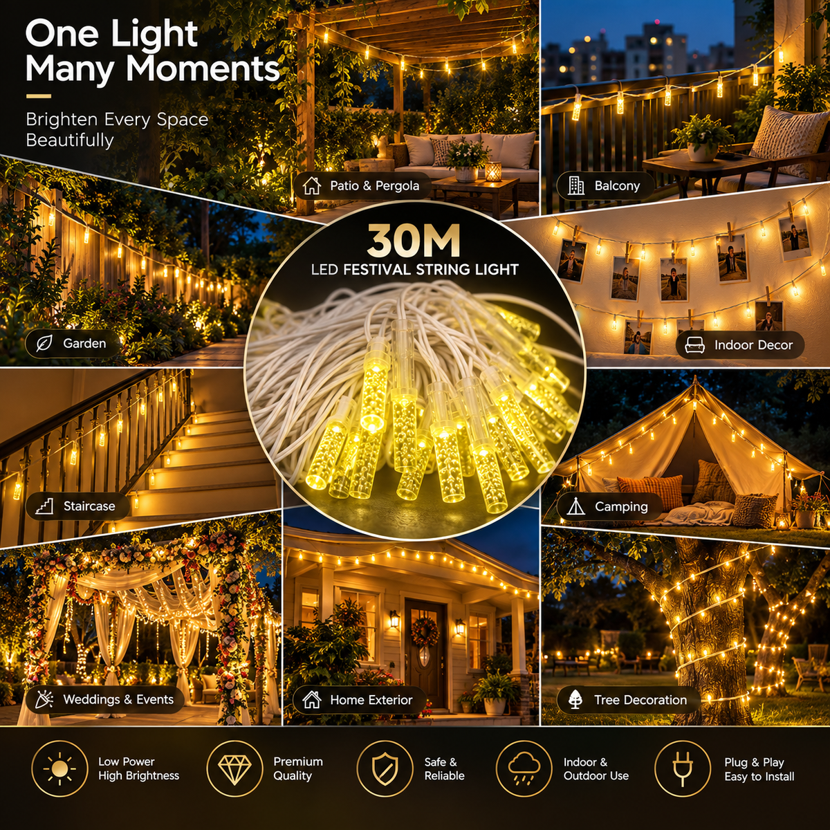 Warm Yellow Decorative Festival String Lights – 20M & 30M