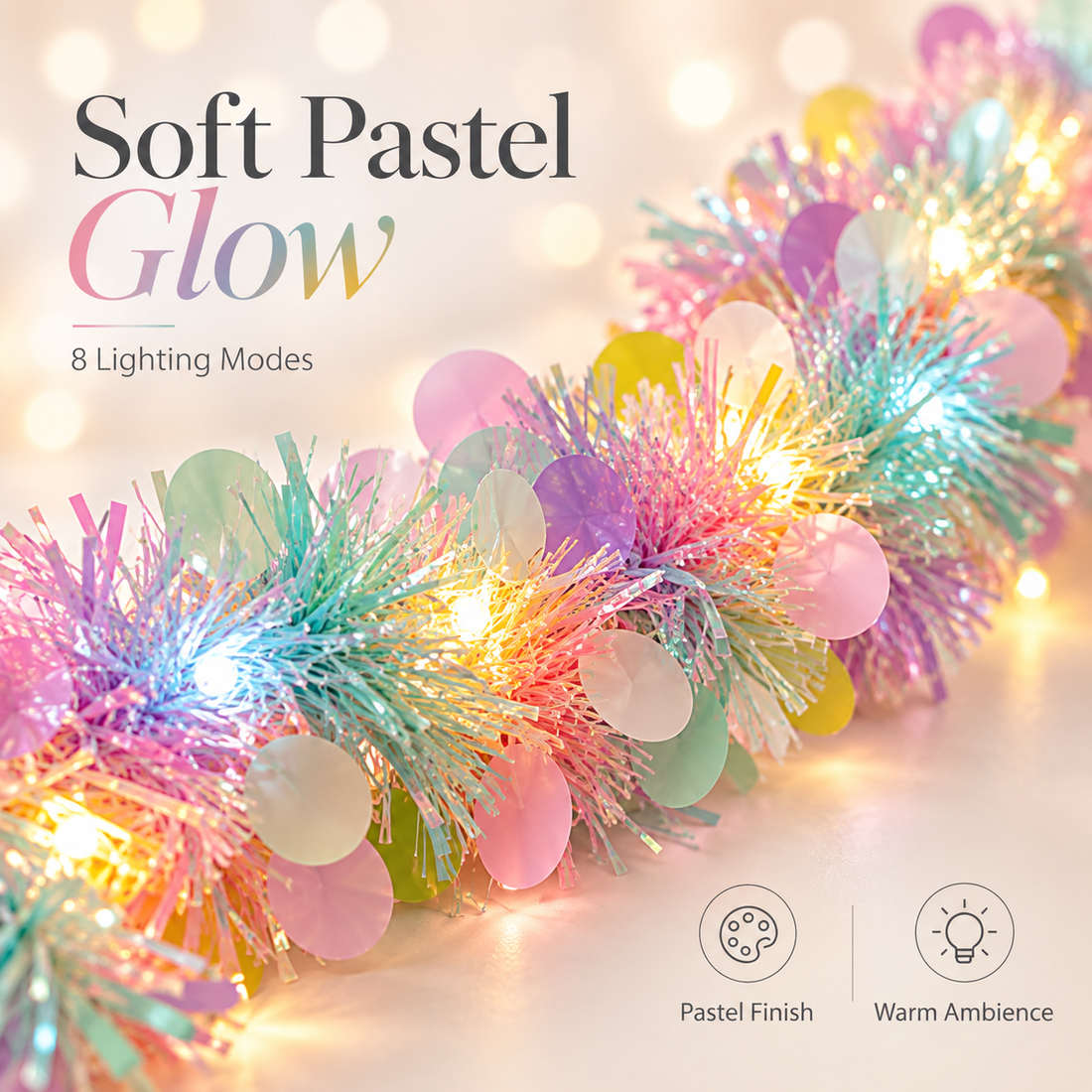 Pastel Tinsel Multicolor LED String Lights-8-Mode Decorative Cluster Lights for Home, Parties, Gifting & Festive Décor