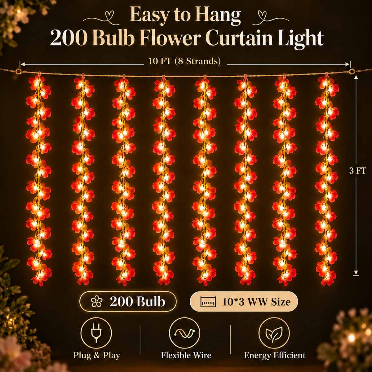 200 Bulb 8-Strand Flower Curtain Lights | 10×3 Ft Decorative LED Lights for Diwali, Wedding, Home, Wall & Window Décor