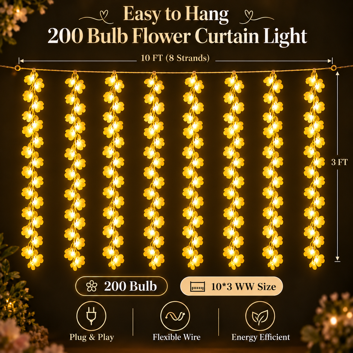 200 Bulb 8-Strand Flower Curtain Lights | 10×3 Ft Decorative LED Lights for Diwali, Wedding, Home, Wall & Window Décor