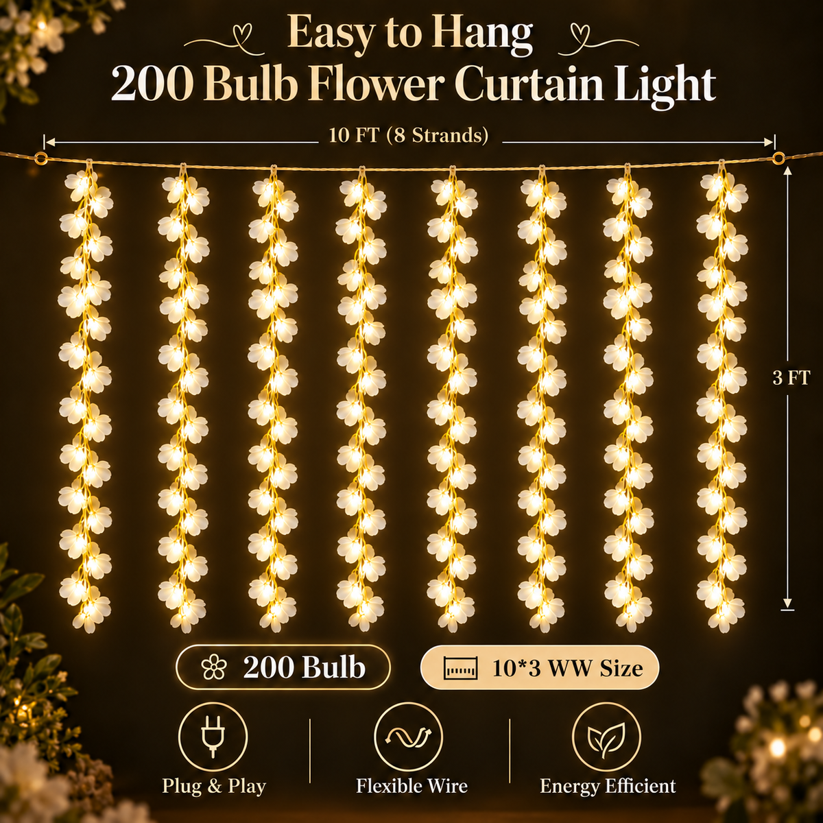 200 Bulb 8-Strand Flower Curtain Lights | 10×3 Ft Decorative LED Lights for Diwali, Wedding, Home, Wall & Window Décor