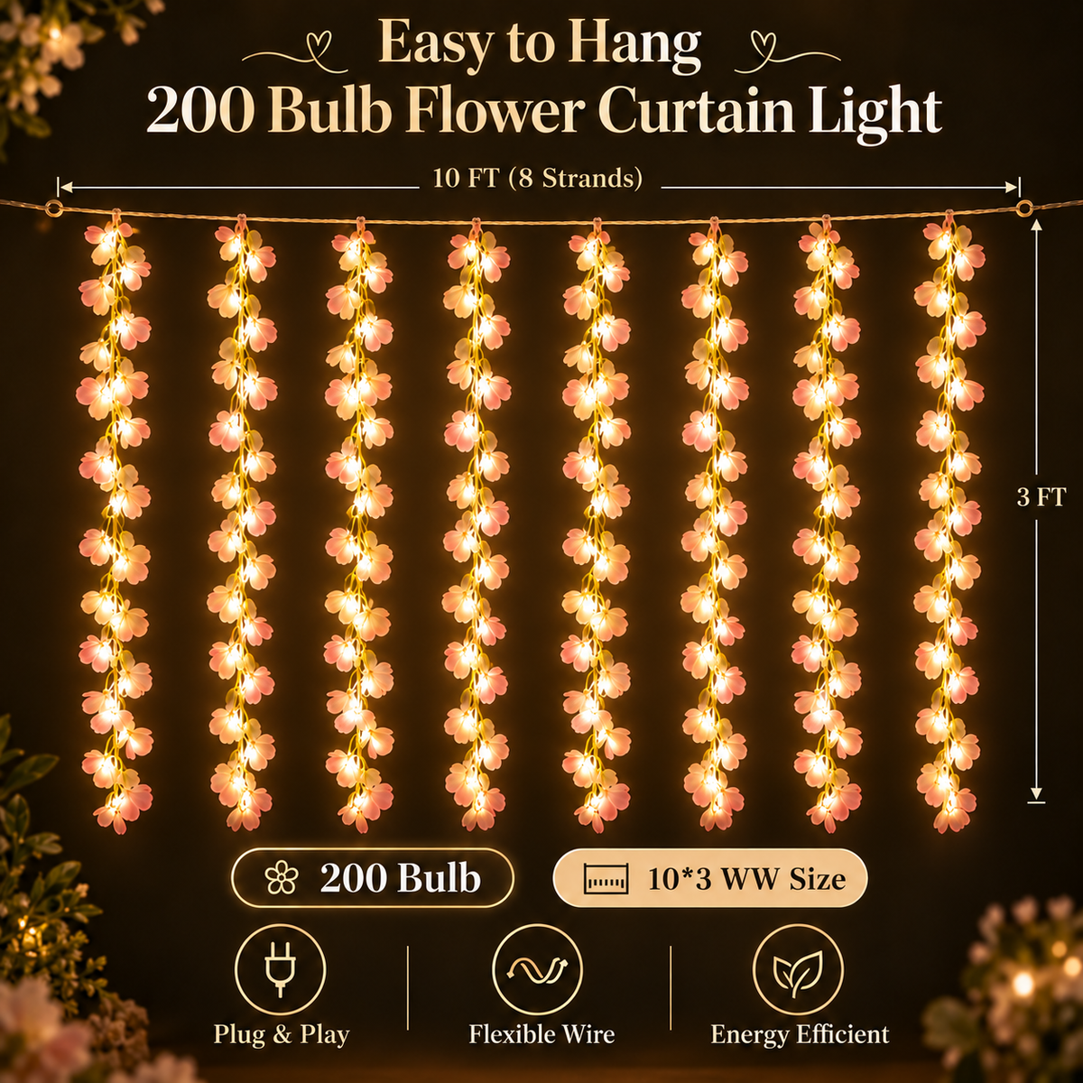 200 Bulb 8-Strand Flower Curtain Lights | 10×3 Ft Decorative LED Lights for Diwali, Wedding, Home, Wall & Window Décor