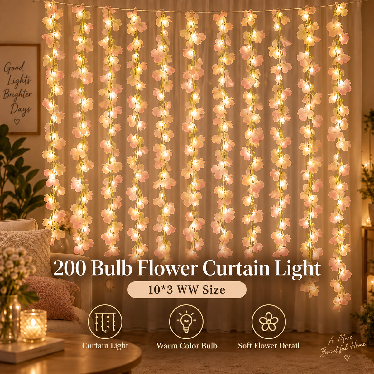 200 Bulb 8-Strand Flower Curtain Lights | 10×3 Ft Decorative LED Lights for Diwali, Wedding, Home, Wall & Window Décor