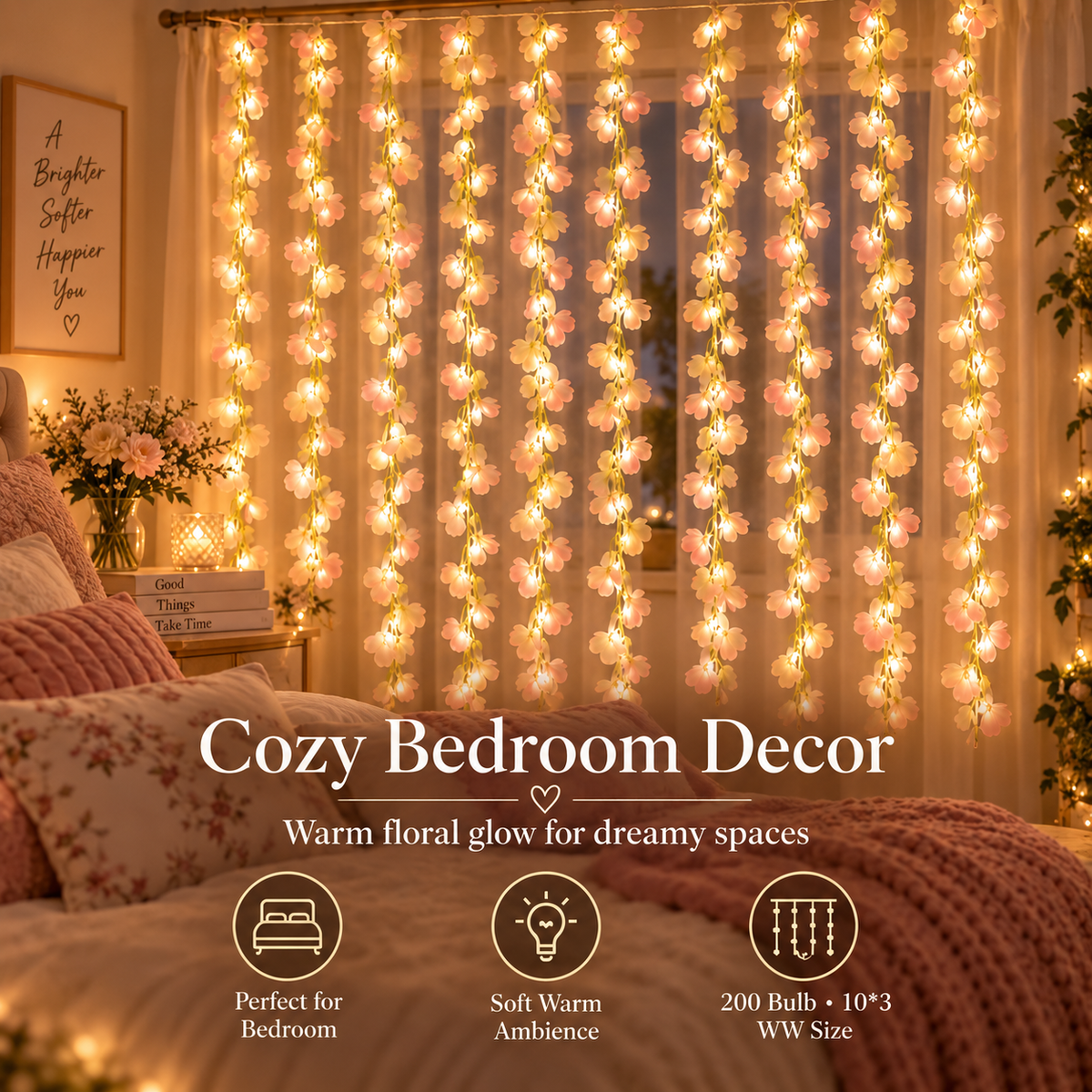 200 Bulb 8-Strand Flower Curtain Lights | 10×3 Ft Decorative LED Lights for Diwali, Wedding, Home, Wall & Window Décor