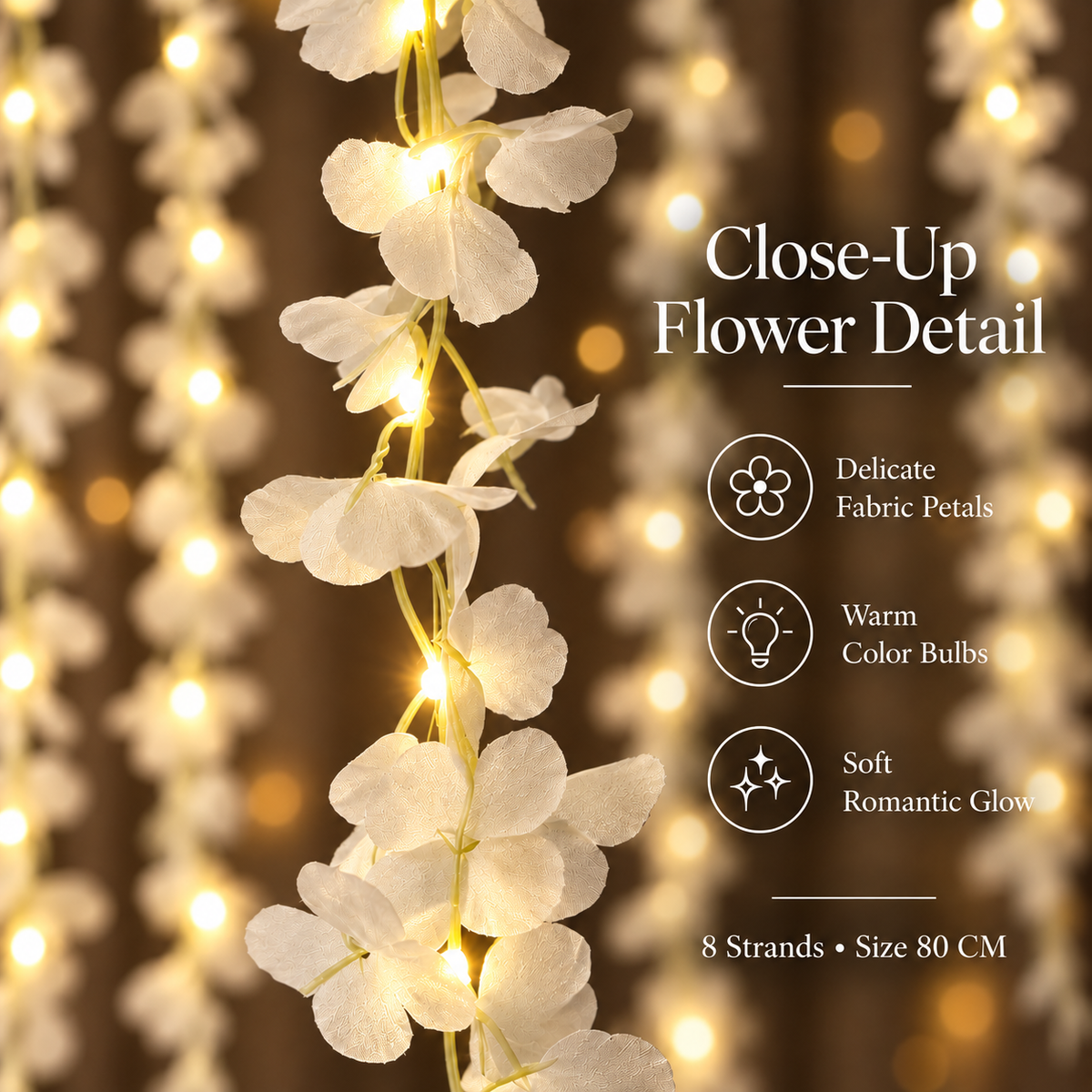 200 Bulb 8-Strand Flower Curtain Lights | 10×3 Ft Decorative LED Lights for Diwali, Wedding, Home, Wall & Window Décor