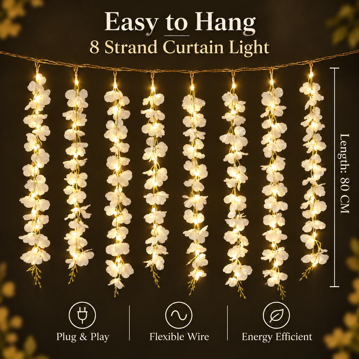 200 Bulb 8-Strand Flower Curtain Lights | 10×3 Ft Decorative LED Lights for Diwali, Wedding, Home, Wall & Window Décor