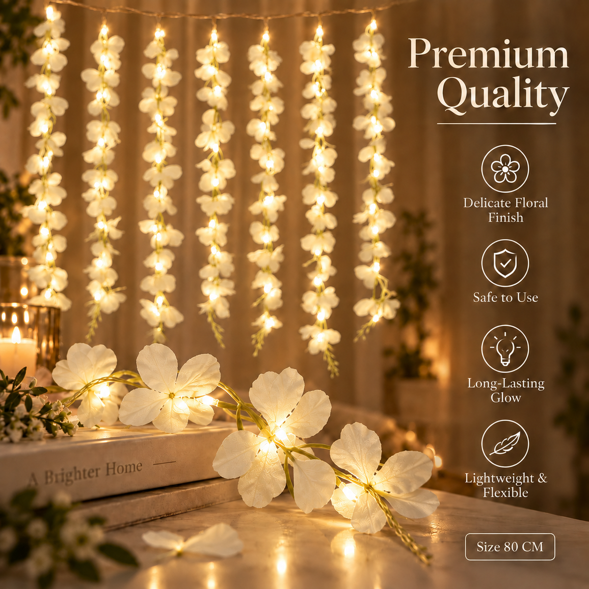 200 Bulb 8-Strand Flower Curtain Lights | 10×3 Ft Decorative LED Lights for Diwali, Wedding, Home, Wall & Window Décor