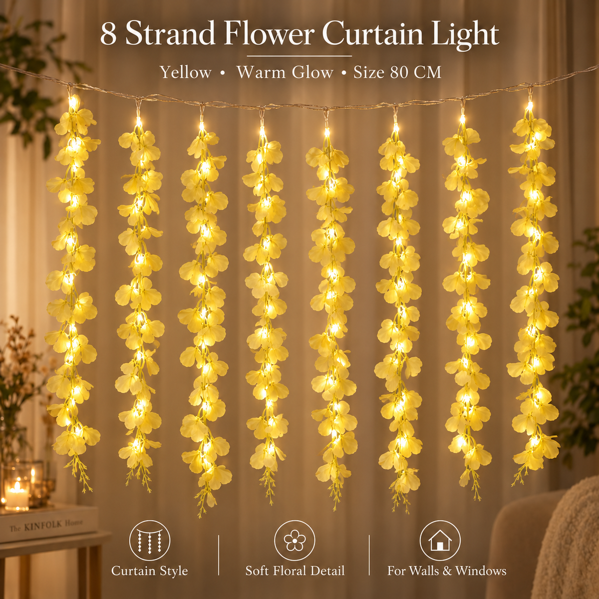 200 Bulb 8-Strand Flower Curtain Lights | 10×3 Ft Decorative LED Lights for Diwali, Wedding, Home, Wall & Window Décor