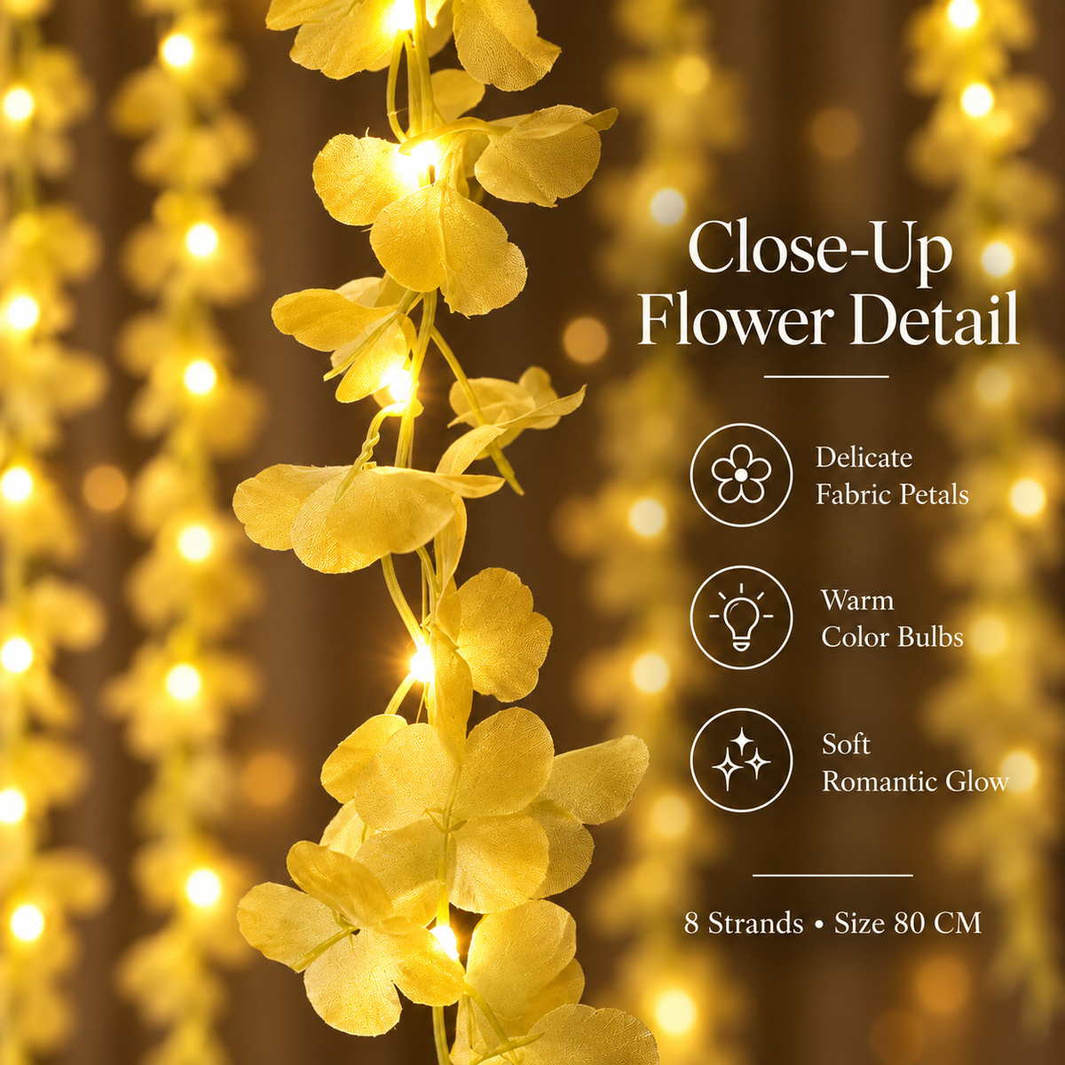 200 Bulb 8-Strand Flower Curtain Lights | 10×3 Ft Decorative LED Lights for Diwali, Wedding, Home, Wall & Window Décor