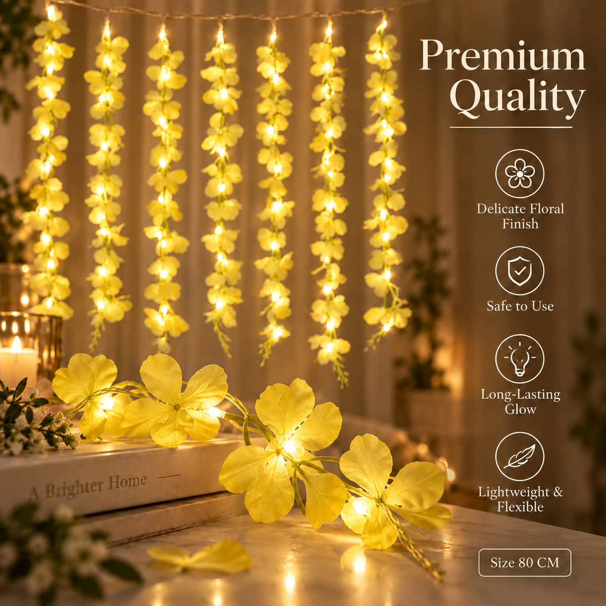 200 Bulb 8-Strand Flower Curtain Lights | 10×3 Ft Decorative LED Lights for Diwali, Wedding, Home, Wall & Window Décor