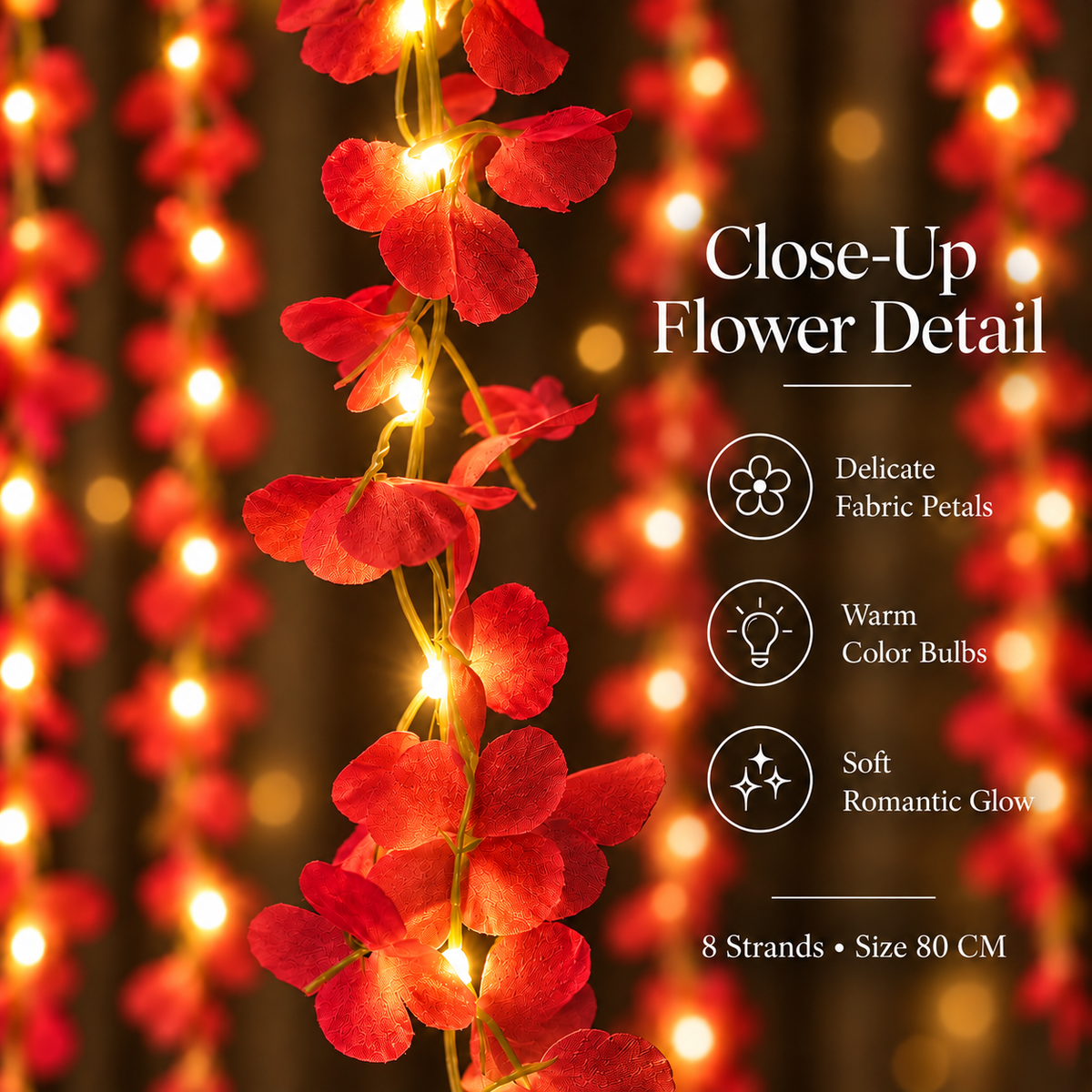 200 Bulb 8-Strand Flower Curtain Lights | 10×3 Ft Decorative LED Lights for Diwali, Wedding, Home, Wall & Window Décor