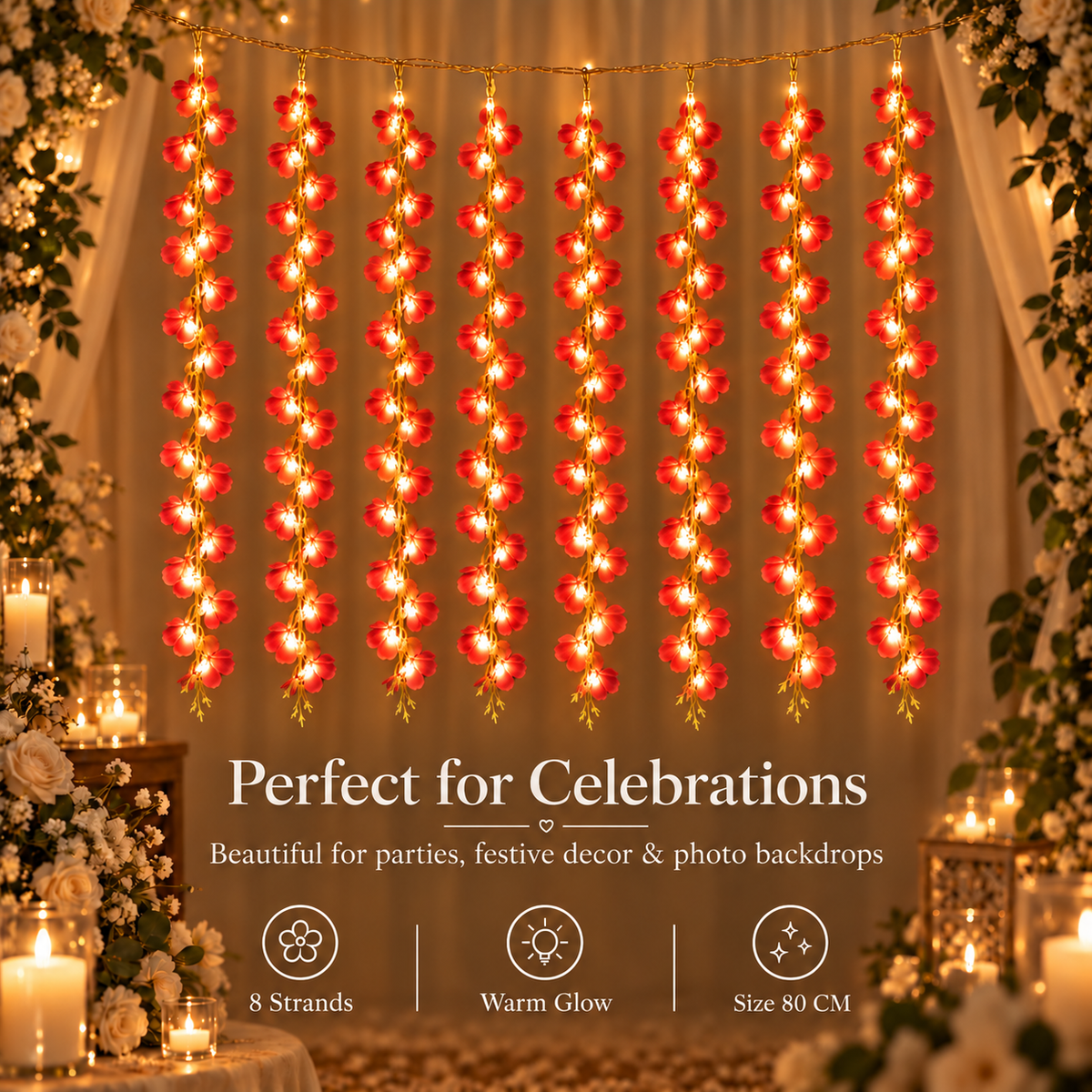 200 Bulb 8-Strand Flower Curtain Lights | 10×3 Ft Decorative LED Lights for Diwali, Wedding, Home, Wall & Window Décor