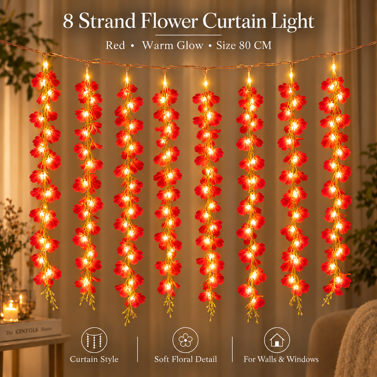 200 Bulb 8-Strand Flower Curtain Lights | 10×3 Ft Decorative LED Lights for Diwali, Wedding, Home, Wall & Window Décor