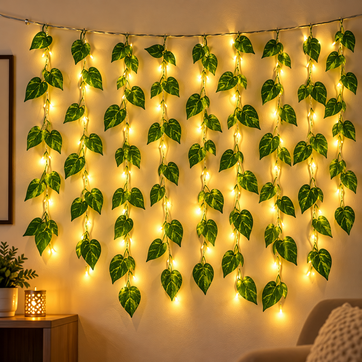Warm White LED Ivy Leaf Curtain Lights – Decorative Green Vine Fairy Lights