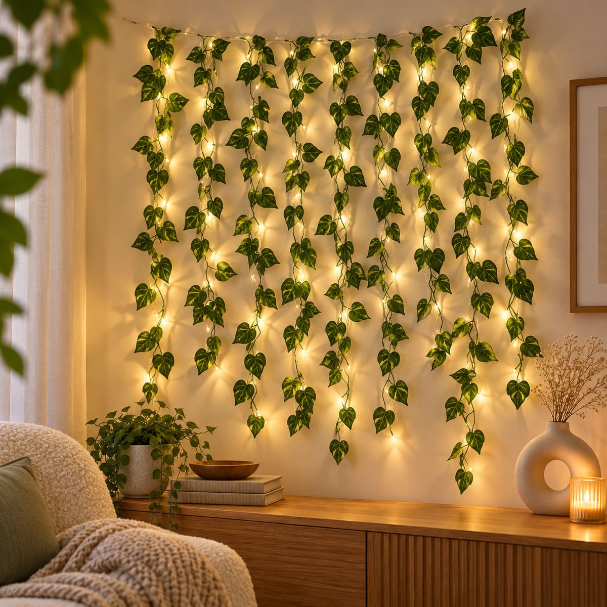 3×9 LED Leaf Curtain String Lights – Warm White Decorative Hanging Lights for Home, Balcony, Window & Festive Decoration
