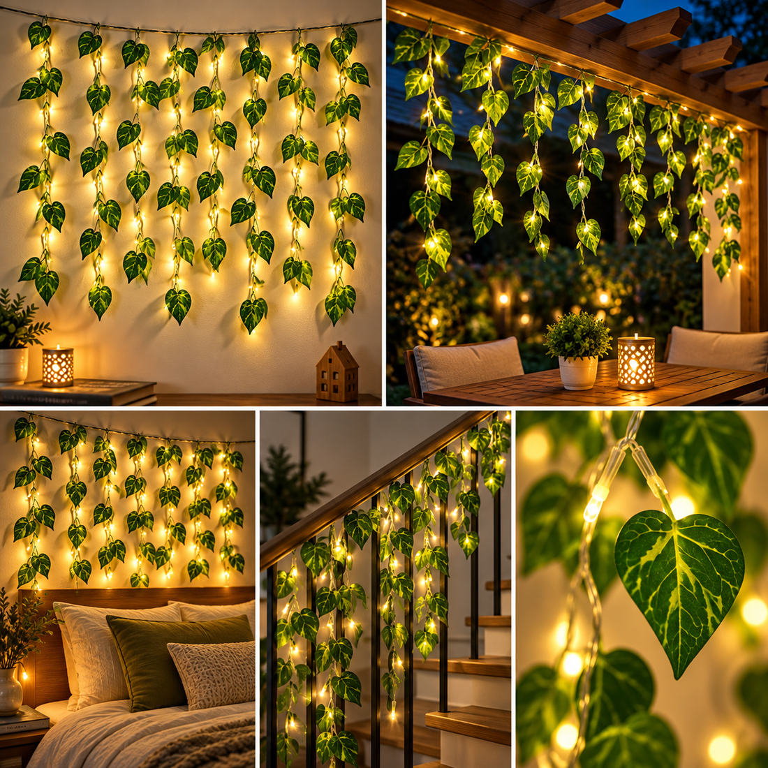 Warm White LED Ivy Leaf Curtain Lights – Decorative Green Vine Fairy Lights