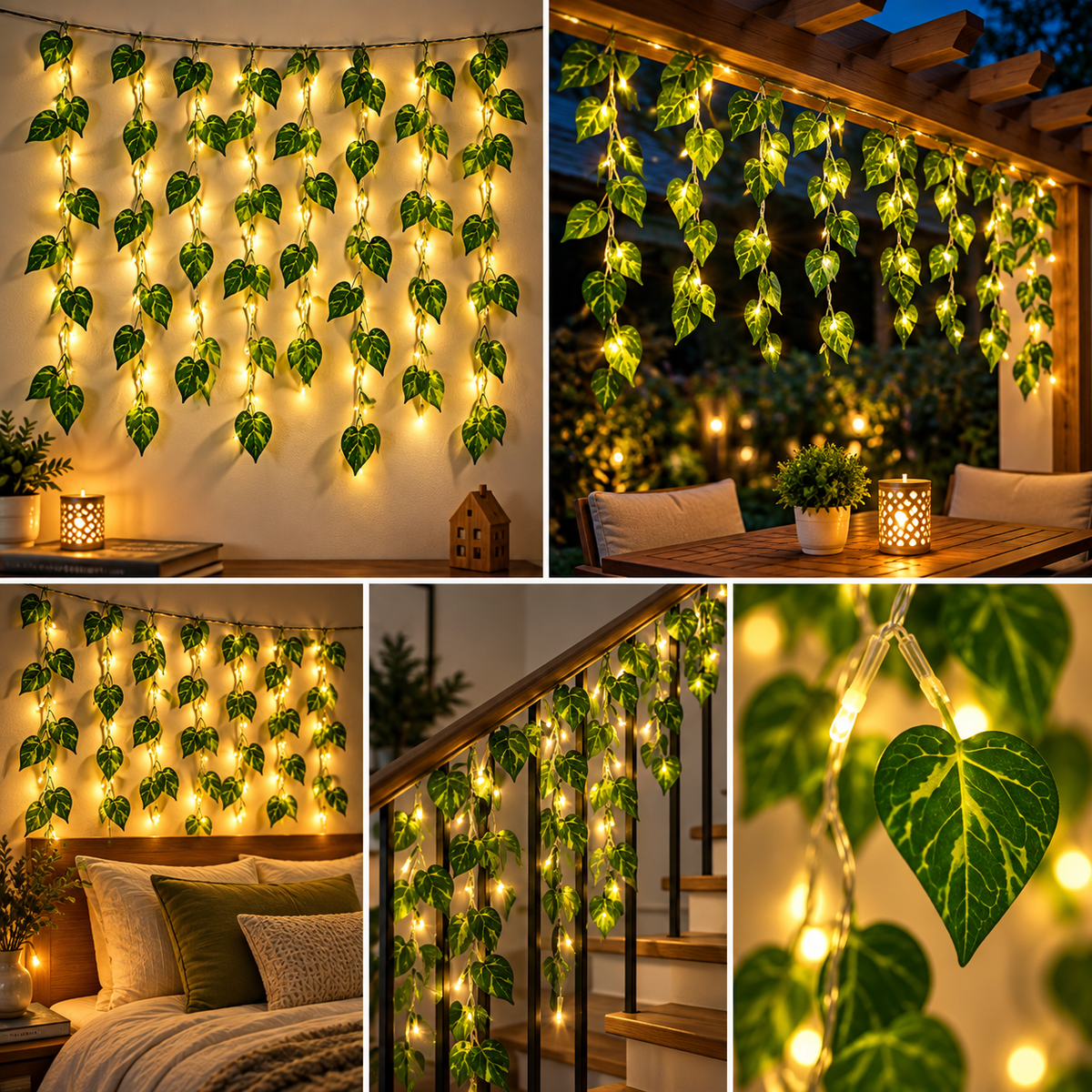 Warm White LED Ivy Leaf Curtain Lights – Decorative Green Vine Fairy Lights