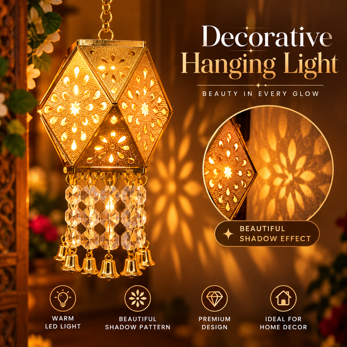 Golden Glow Hanging Lantern – Floral Shadow LED Light