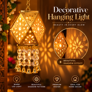 Golden Glow Hanging Lantern – Floral Shadow LED Light