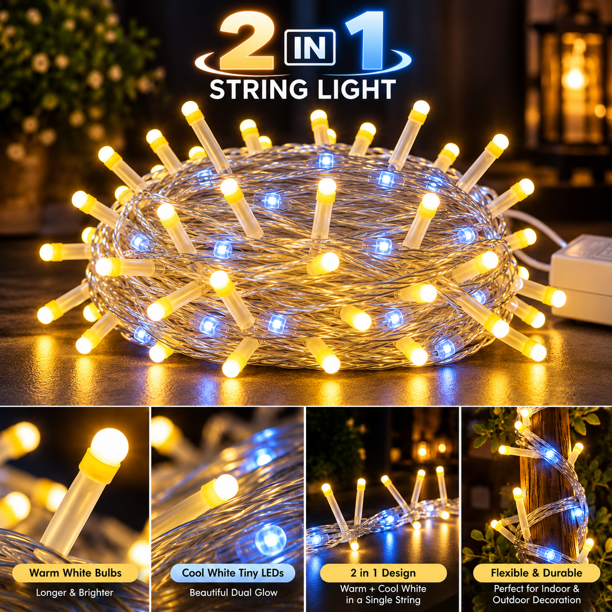 DualGlow 2-in-1 LED String Lights – Warm White Bulbs & Cool White Micro LEDs for Home, Balcony & Festive Decor