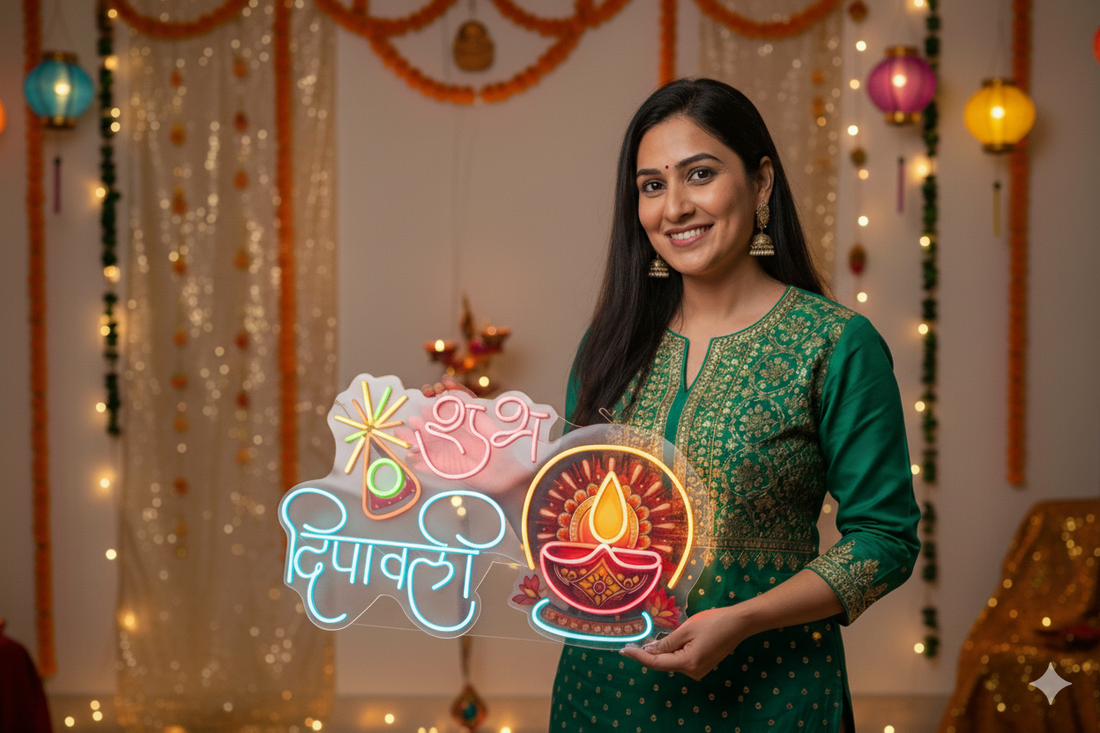 “शुभ दीपावली” Neon LED Sign with Adapter – Vibrant Multicolor Diya Design for Home, Mandir & Festive Decoration