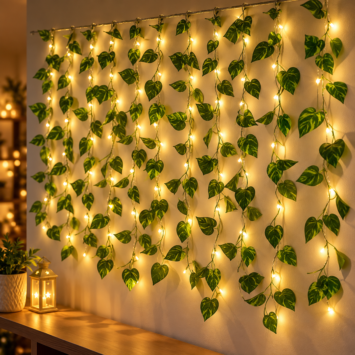 3×9 LED Leaf Curtain String Lights – Warm White Decorative Hanging Lights for Home, Balcony, Window & Festive Decoration