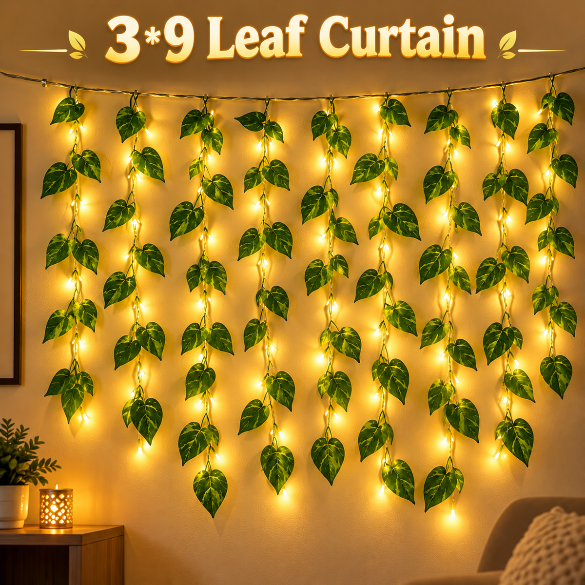 3×9 LED Leaf Curtain String Lights – Warm White Decorative Hanging Lights for Home, Balcony, Window & Festive Decoration