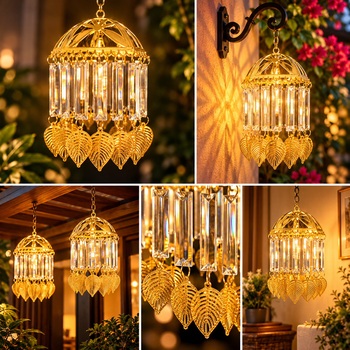 Golden Hanging LED Chandelier – Sparkling Crystal Drop Light with Elegant Golden Leaf Charms for Luxury Home & Festive Decor