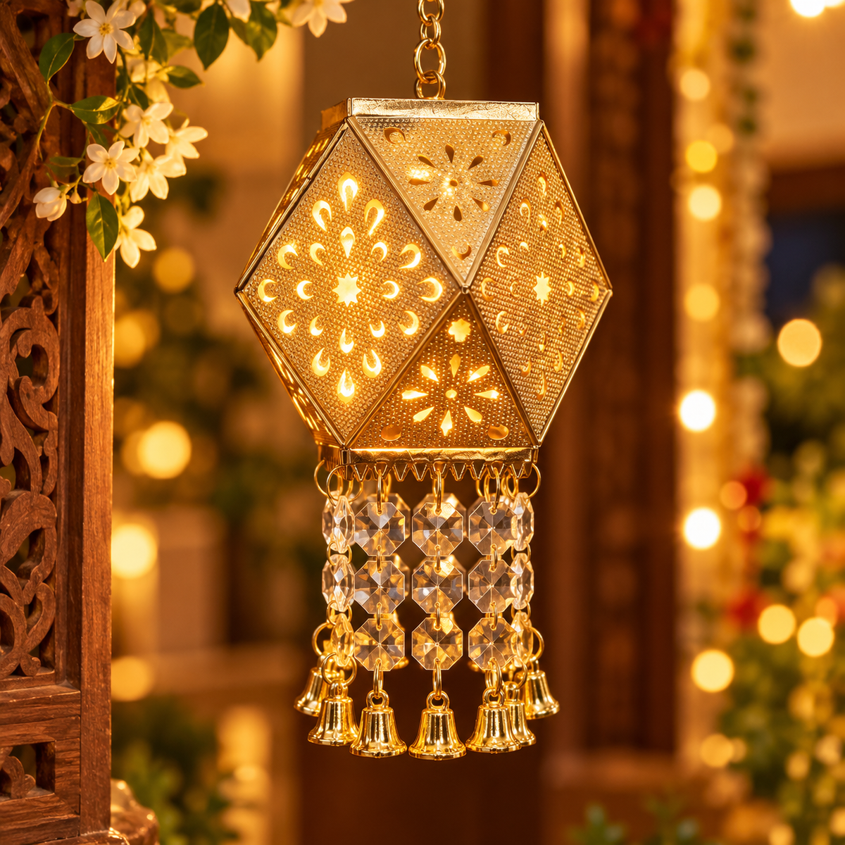 Golden Glow Hanging Lantern – Floral Shadow LED Light