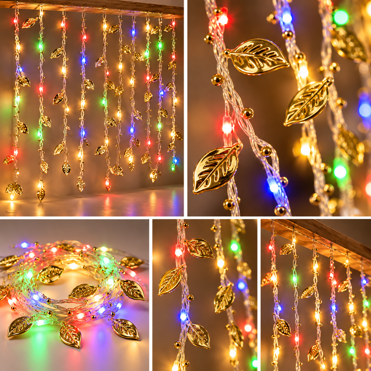 2.5*10 Multicolor LED Golden Leaf Curtain Lights – Decorative Hanging Fairy Lights