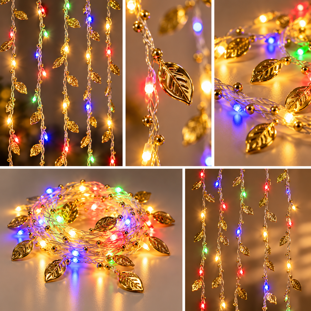 2.5*10 Multicolor LED Golden Leaf Curtain Lights – Decorative Hanging Fairy Lights
