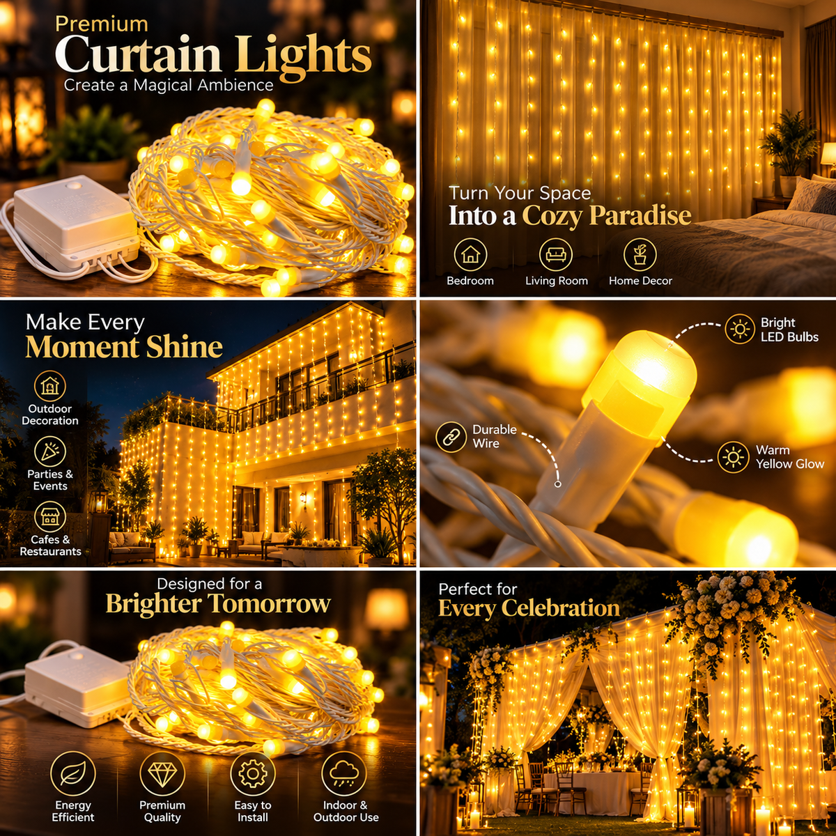 Golden Cascade 10x10 LED Waterfall Curtain Lights – 300 Warm White LEDs with Remote for Festive Decor