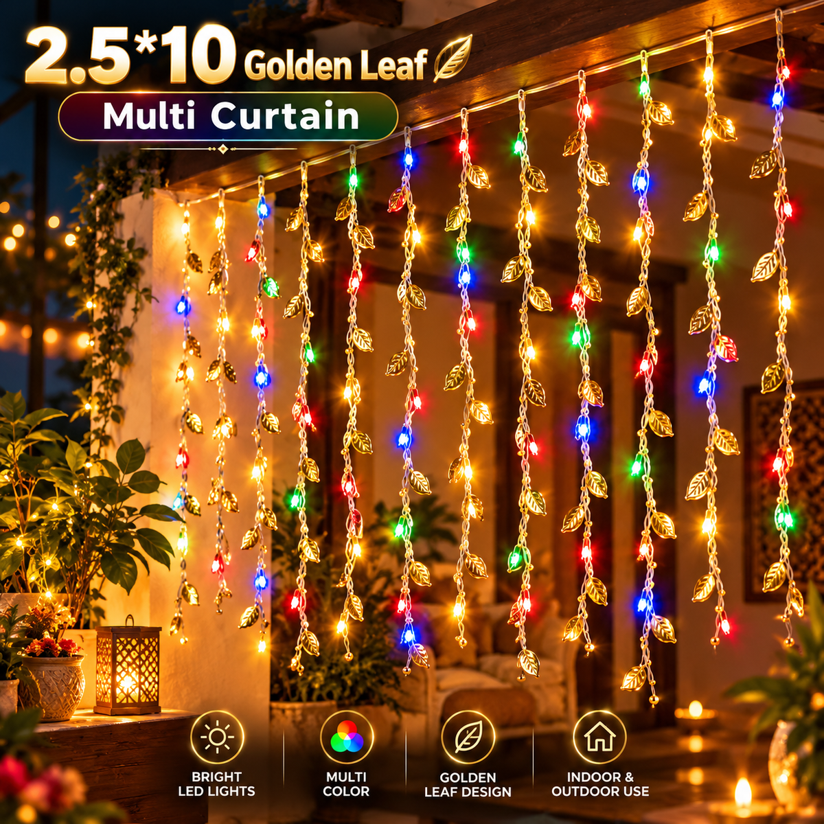 2.5*10 Multicolor LED Golden Leaf Curtain Lights – Decorative Hanging Fairy Lights