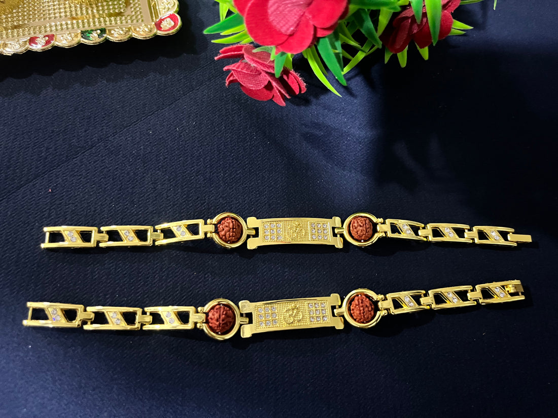 Golden Om Rakhi – Sparkling Bracelet with Rudraksha Charms