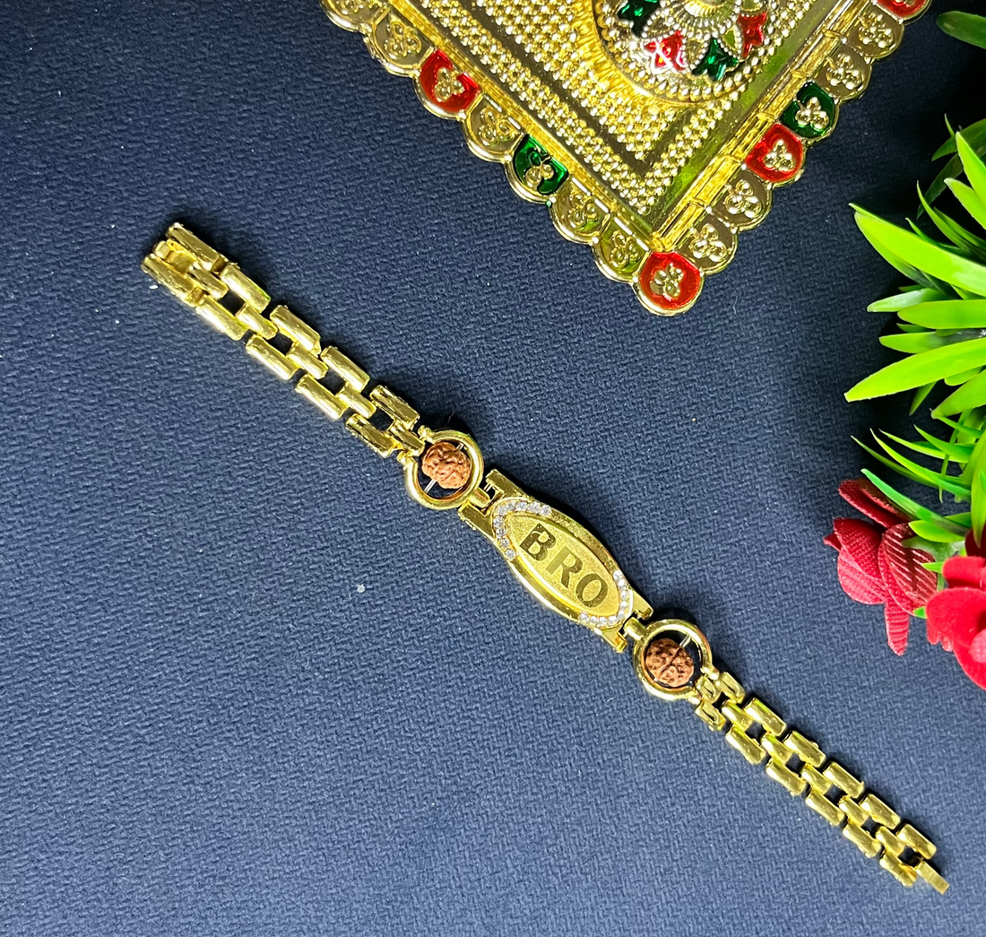 Blessed Bro – Rudraksha Rakhi Bracelet with Gold Finish