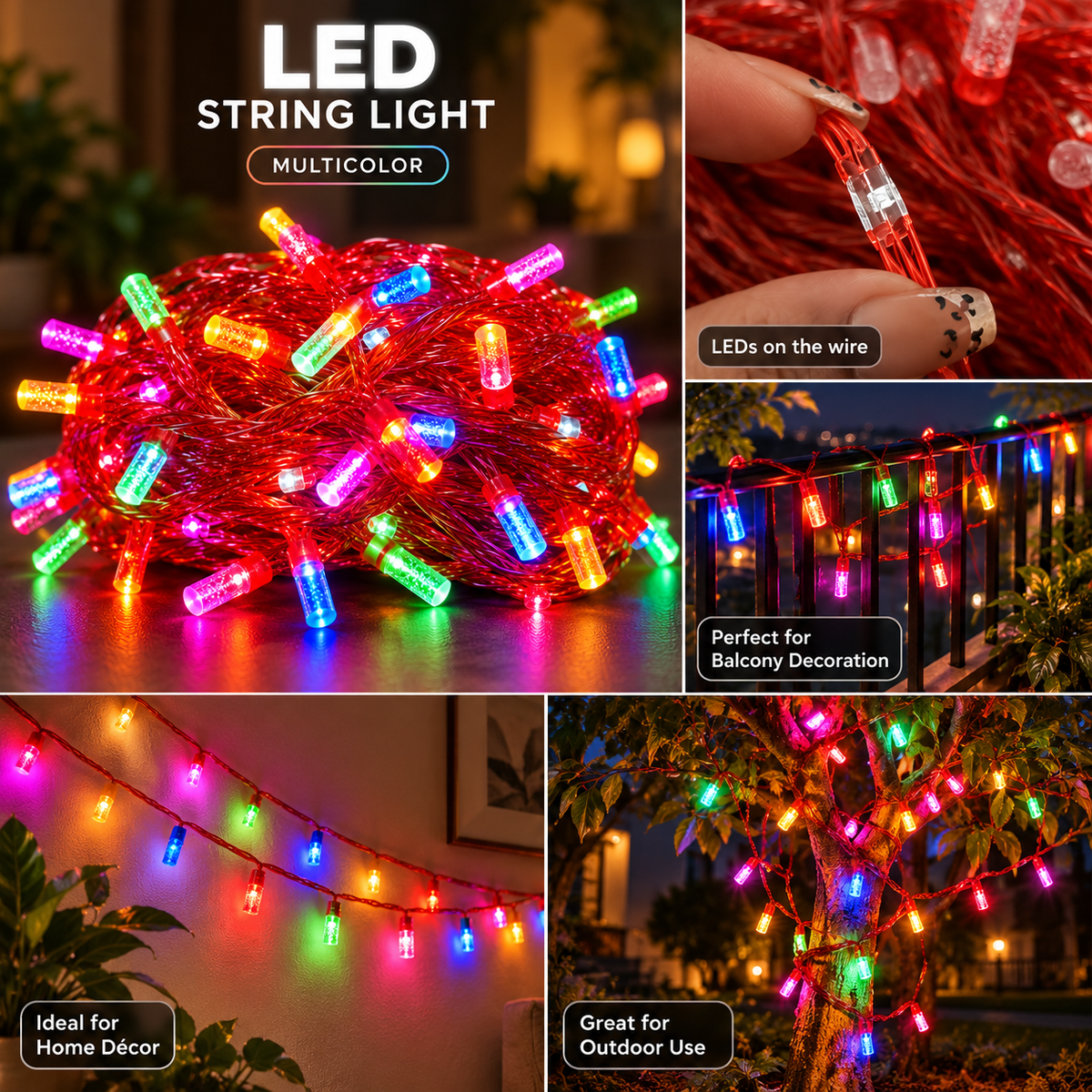 Premium Dual Glow LED String Lights – Multicolor & White LEDs with Luxurious Red Gel Wire