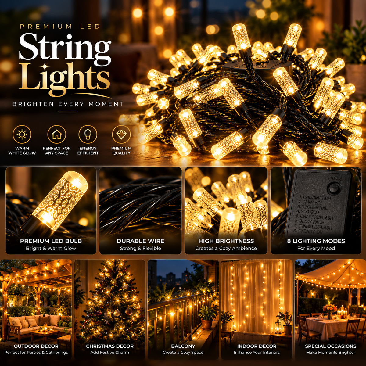 Golden Twinkle Premium LED String Lights – Warm White Decorative Lights for Home & Festive Decor