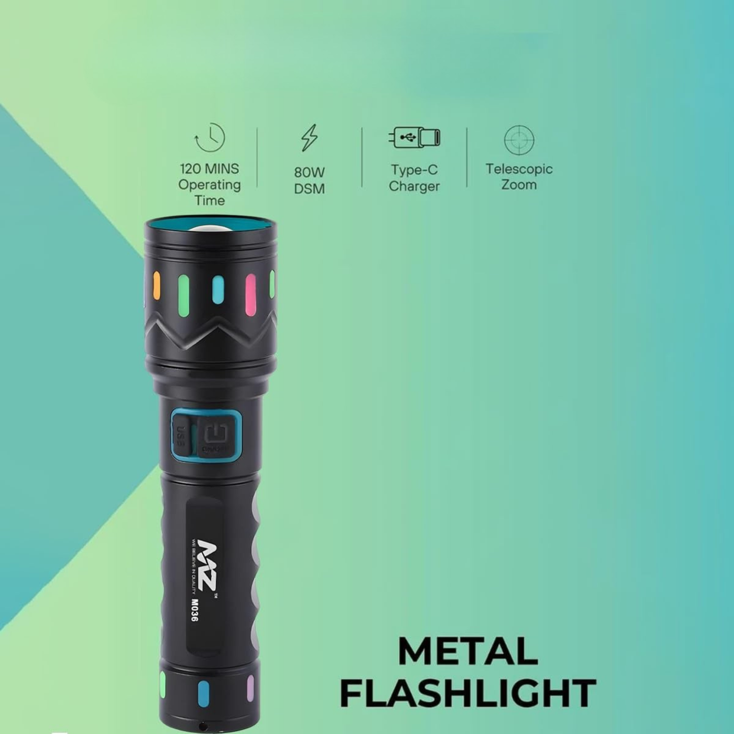 100W Type-C LED Flashlight, Telescopic Zoom, 3 Modes