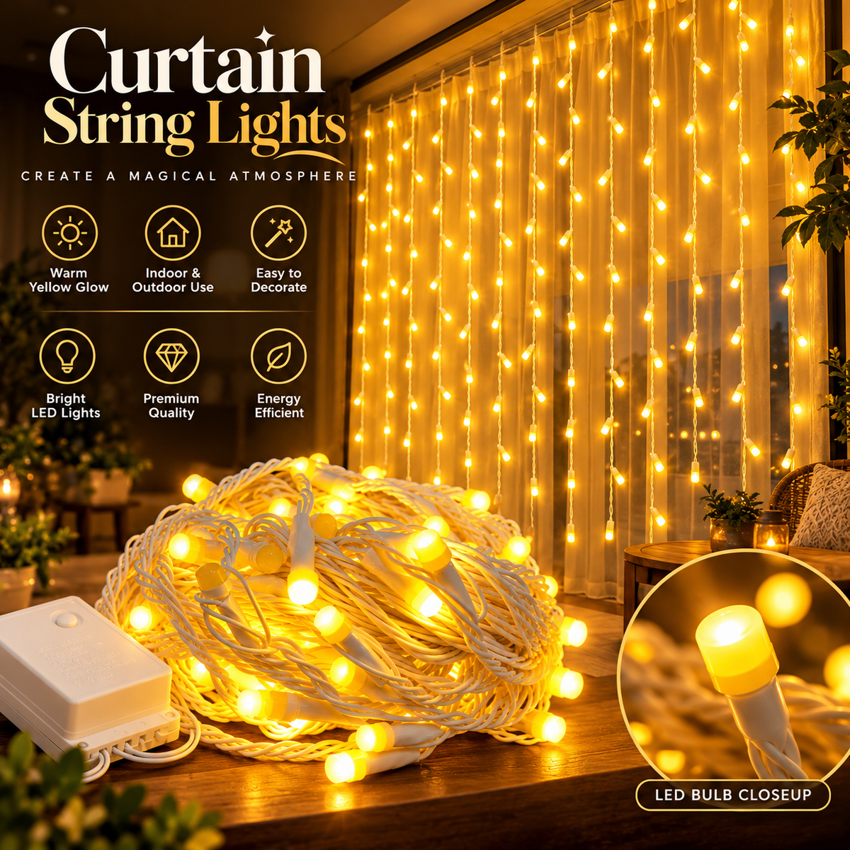 Golden Cascade 10x10 LED Waterfall Curtain Lights – 300 Warm White LEDs with Remote for Festive Decor