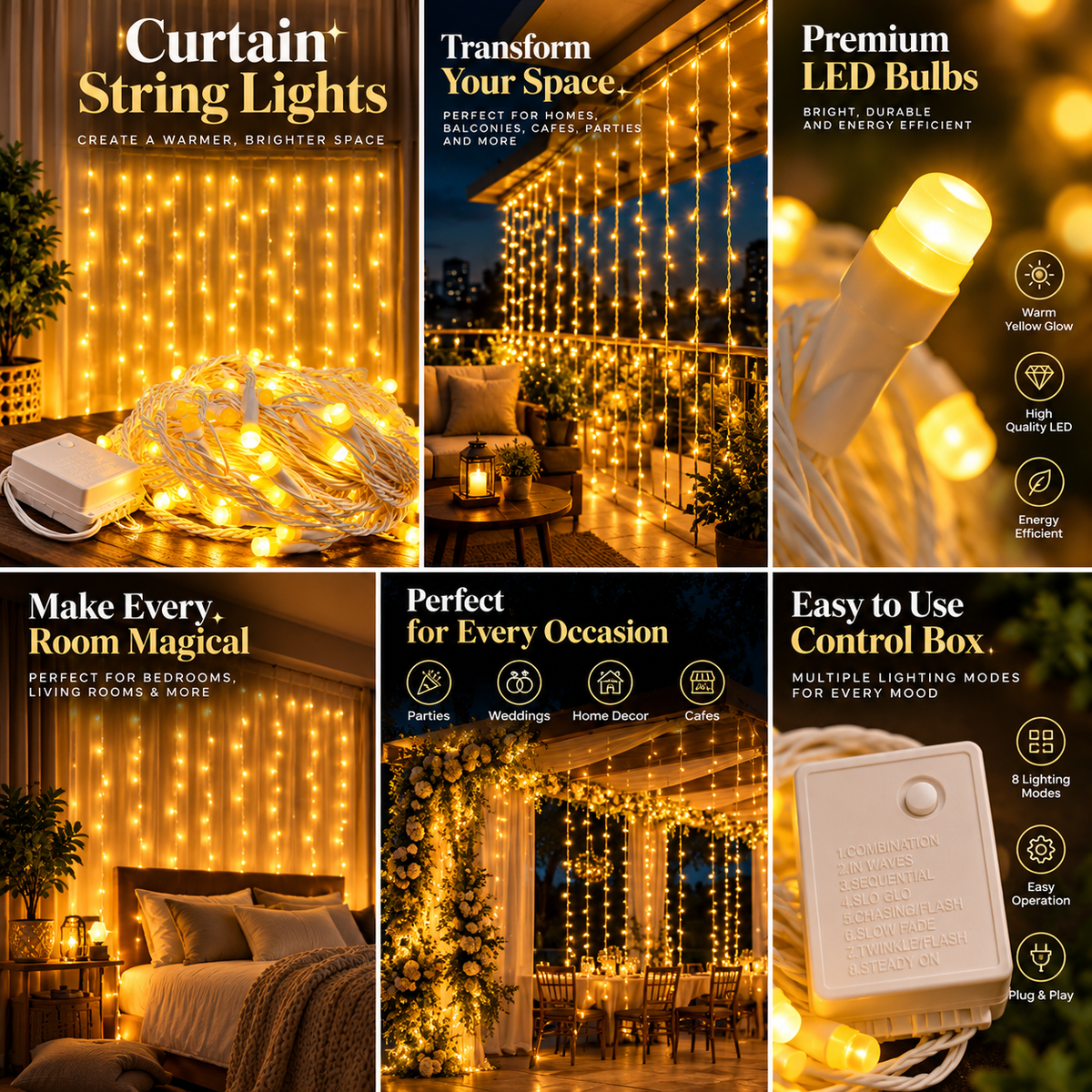 Golden Cascade 10x10 LED Waterfall Curtain Lights – 300 Warm White LEDs with Remote for Festive Decor