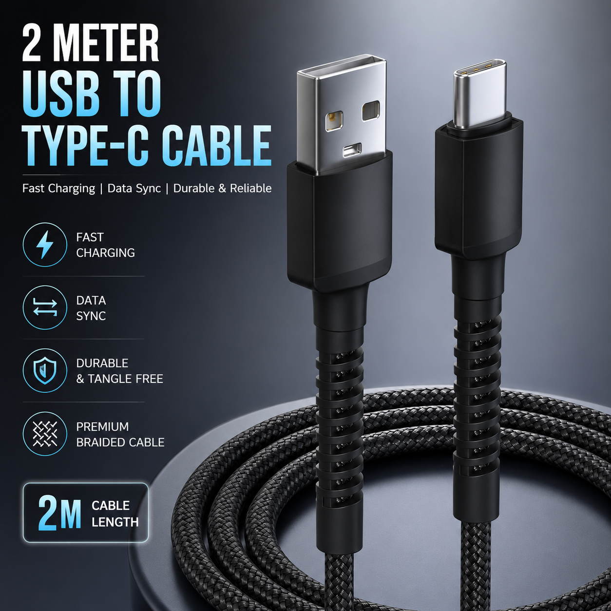 2 Meter Fast Charging & Data Sync Braided Cable