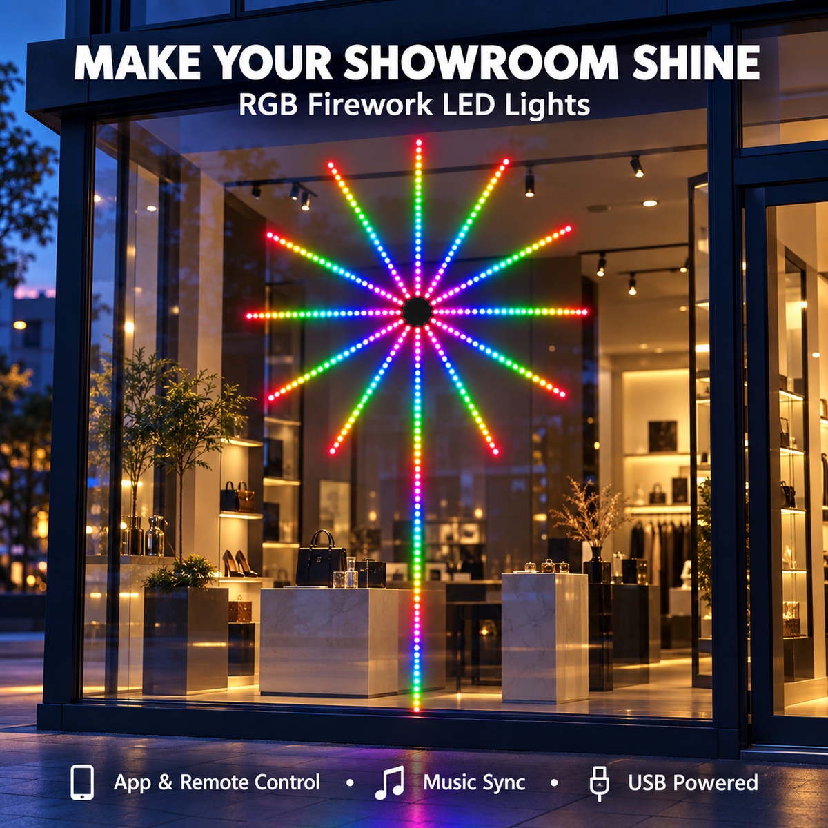 RGB Firework LED Lights for Shop & Showroom Glass Decoration, App & Remote Control, Music Sync, USB Powered