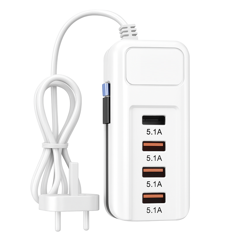 5.1A Rack Charger | 4 USB Ports + Type-C Output | Fast Charging Extension Power Adapter for Home & Office