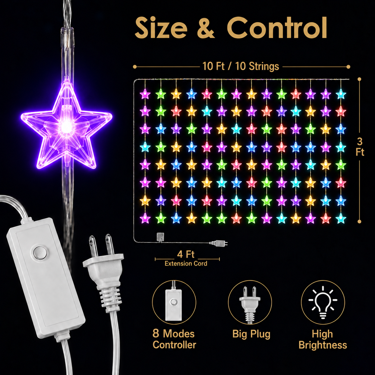 Multicolor Star Curtain LED String Lights-10 String Decorative Curtain Light with 8 Lighting Modes