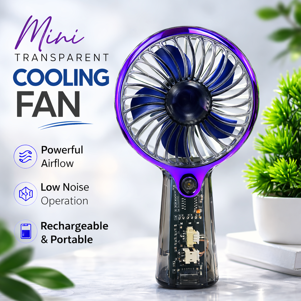 CRYSTAIRE Transparent Portable Mini Fan with 5 Adjustable Speeds, Rechargeable Cooling Fan for Travel & Office