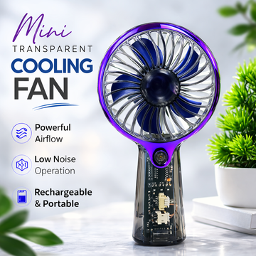 CRYSTAIRE Transparent Portable Mini Fan with 5 Adjustable Speeds, Rechargeable Cooling Fan for Travel & Office