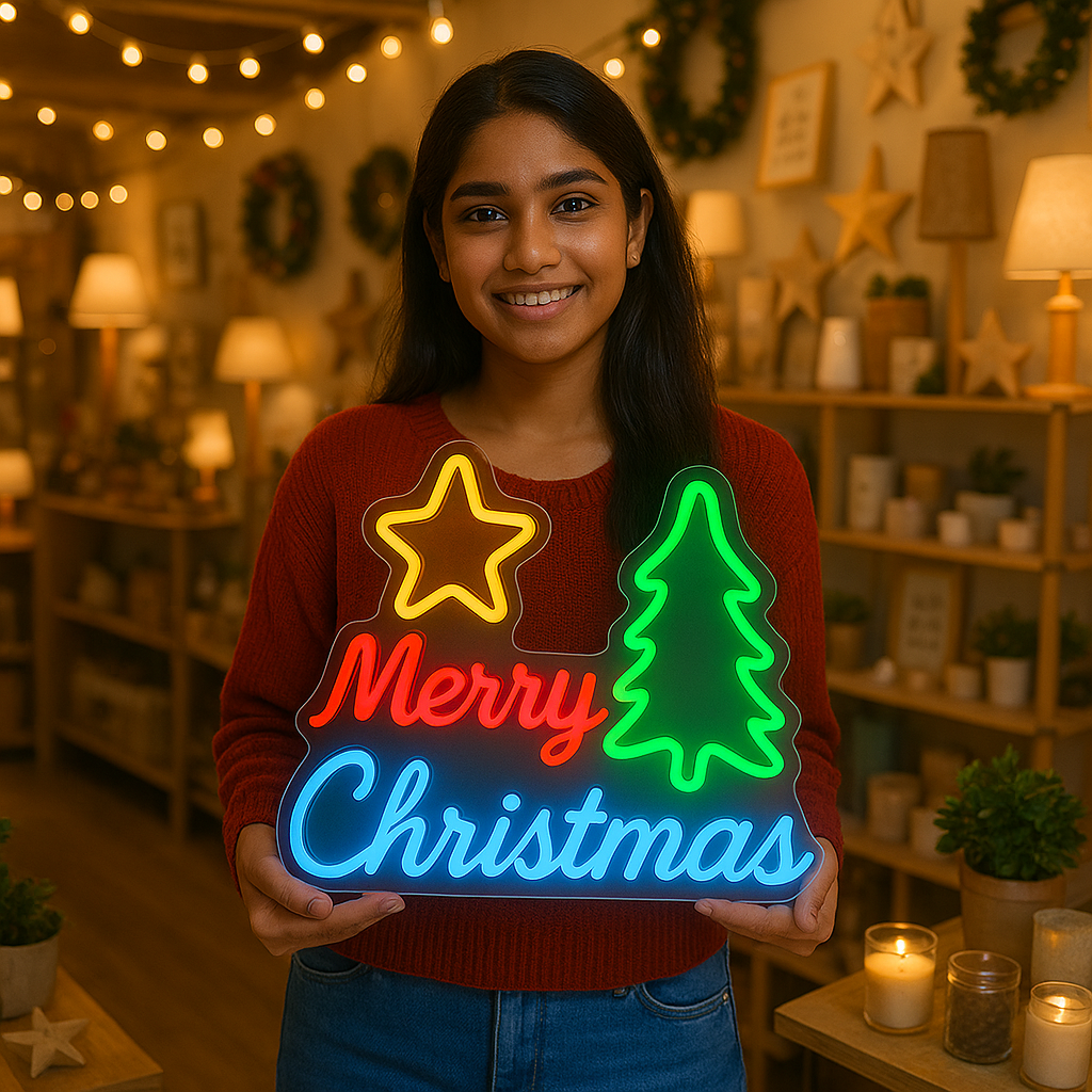 Merry Christmas Neon LED Sign Multicolor Tree - Hover Image