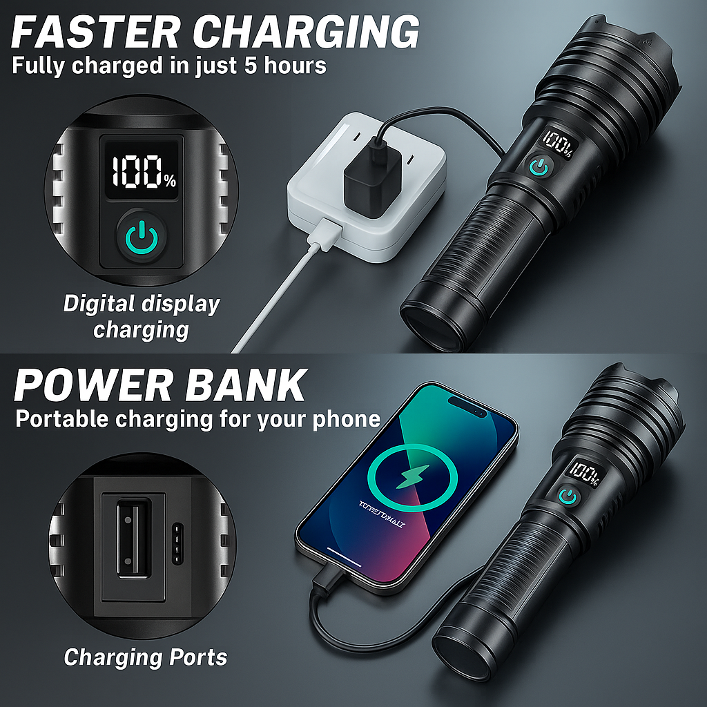 USB Charging LED Flashlight 2000M WITH 9800MaH BATTERY