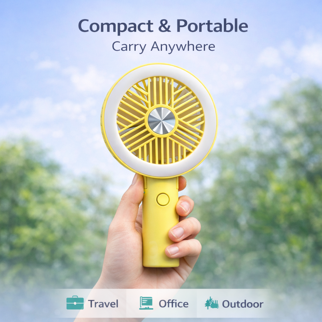 GlowBreeze Rechargeable Mini Fan with Ring Light & 3 Speed Cooling for Office, Selfie & Travel