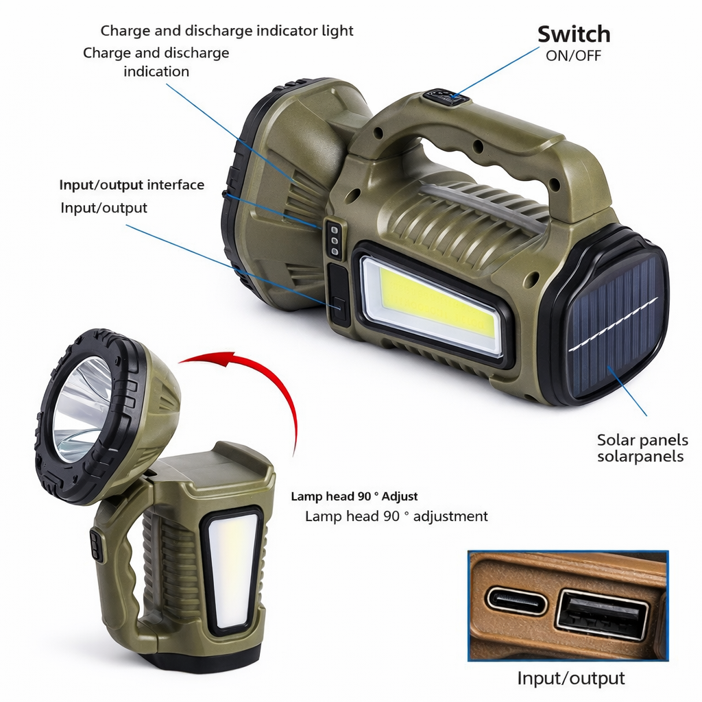 Solar Rechargeable LED + COB Lightweight Torch Light